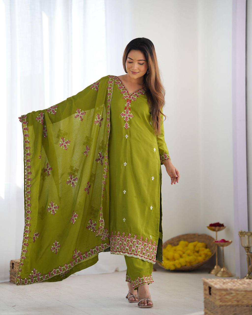 Anvitha Green Chinon Silk Kurti Set with 5mm sequin embroidery, lacework & dupatta – fully stitched festive wear for women.